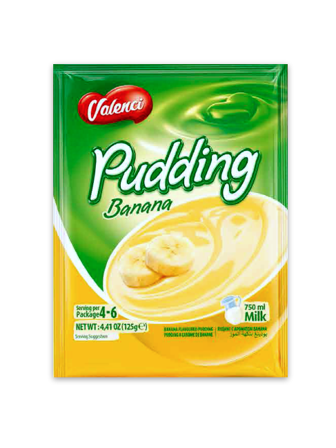 Valencia 125 gr puding vanillin, kakao, jordgubb, banan 1*24